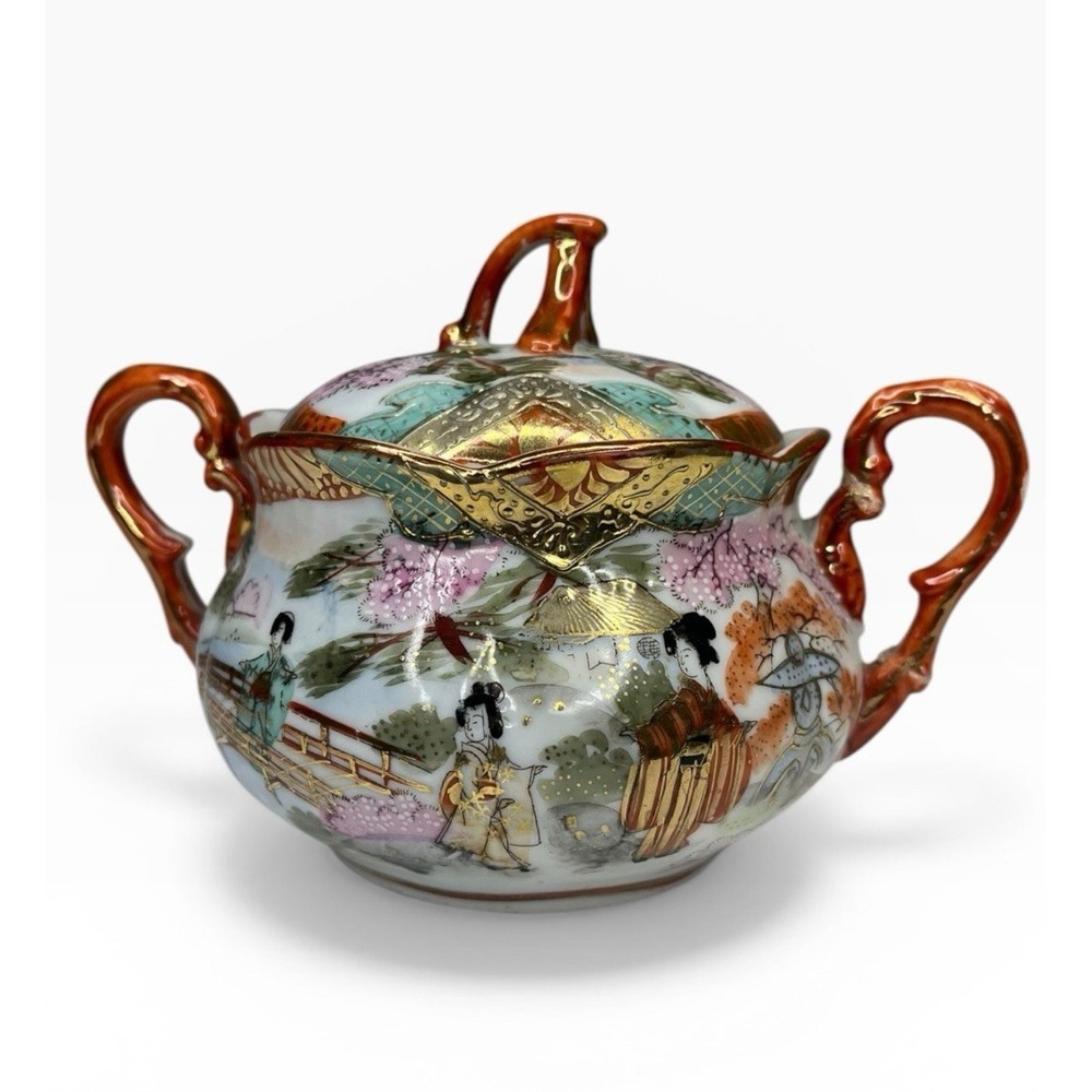 Vintage Kutani Geisha‎ Sugar Bowl BiBi Japan Red Gold Porcelain Hand Painted